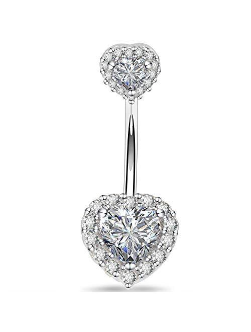 OUFER 14G Double Heart Cubic Zirconia Navel Belly Button Ring Surgical Steel Piercing Jewelry