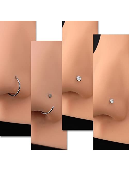 OUFER 20g Nose Ring Hoop, 3PCS Grade 23 Solid Titanium Nose Rings, Clear CZ Nose Stud, L Shaped Nose Piercing Jewelry