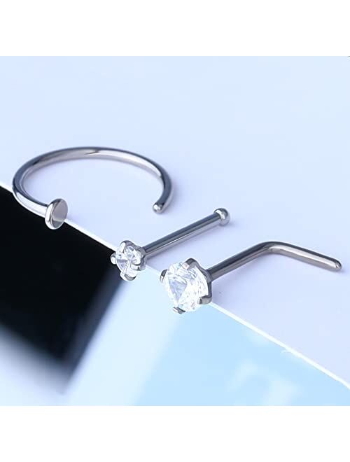 OUFER 20g Nose Ring Hoop, 3PCS Grade 23 Solid Titanium Nose Rings, Clear CZ Nose Stud, L Shaped Nose Piercing Jewelry