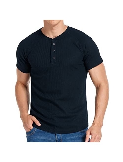 Yawyews Men's Waffle Henley Shirts Casual Cotton Short Sleeve T-Shirt Sport Tops