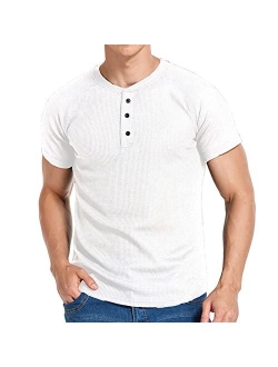 Yawyews Men's Waffle Henley Shirts Casual Cotton Short Sleeve T-Shirt Sport Tops