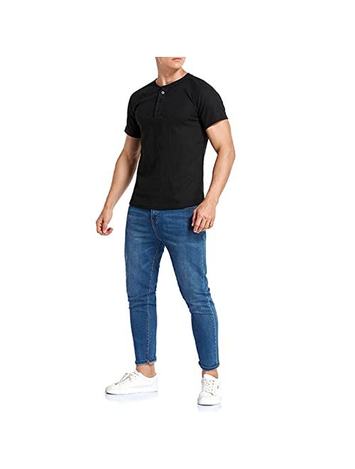 Yawyews Men's Waffle Henley Shirts Casual Cotton Short Sleeve T-Shirt Sport Tops