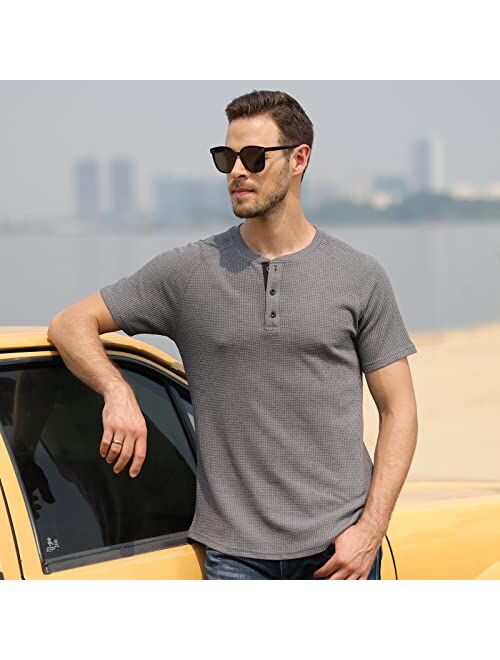 Yawyews Men's Waffle Henley Shirts Casual Cotton Short Sleeve T-Shirt Sport Tops