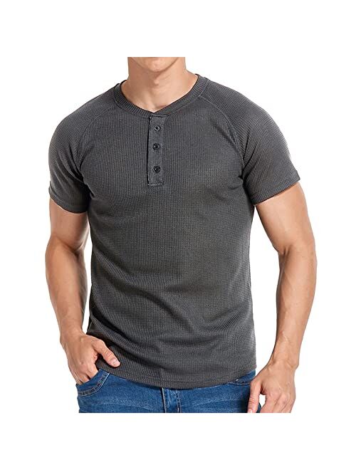 Yawyews Men's Waffle Henley Shirts Casual Cotton Short Sleeve T-Shirt Sport Tops