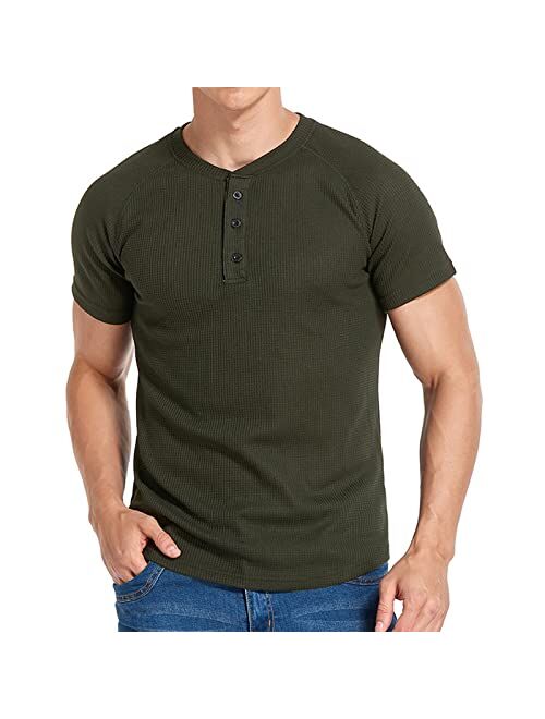 Yawyews Men's Waffle Henley Shirts Casual Cotton Short Sleeve T-Shirt Sport Tops