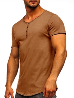 Angbater Mens Fashion Henley Shirts V Neck Short Sleeve Basic Solid T-Shirt Casual Cotton Tee Buttons Closure Curve Hem Shirt