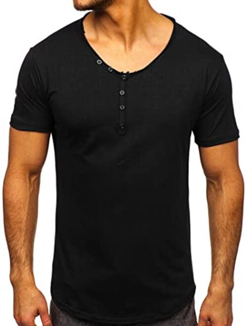 Angbater Mens Fashion Henley Shirts V Neck Short Sleeve Basic Solid T-Shirt Casual Cotton Tee Buttons Closure Curve Hem Shirt