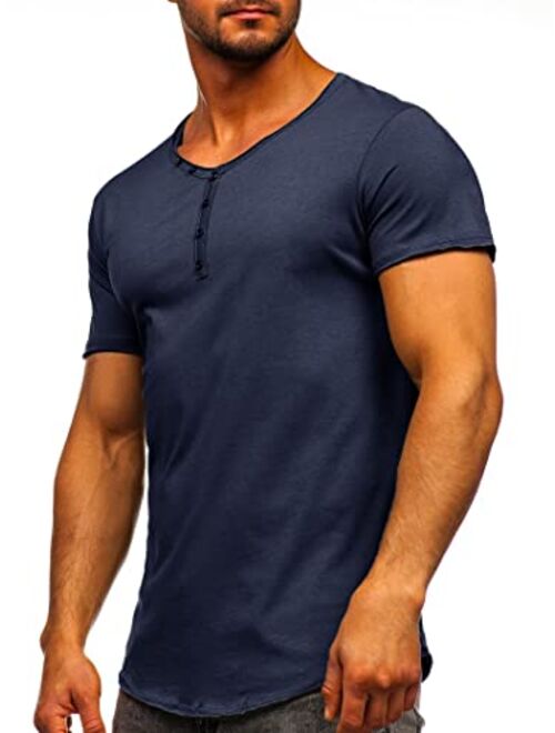 Angbater Mens Fashion Henley Shirts V Neck Short Sleeve Basic Solid T-Shirt Casual Cotton Tee Buttons Closure Curve Hem Shirt