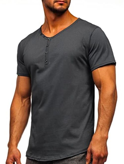 Angbater Mens Fashion Henley Shirts V Neck Short Sleeve Basic Solid T-Shirt Casual Cotton Tee Buttons Closure Curve Hem Shirt