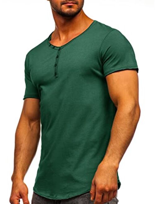 Angbater Mens Fashion Henley Shirts V Neck Short Sleeve Basic Solid T-Shirt Casual Cotton Tee Buttons Closure Curve Hem Shirt