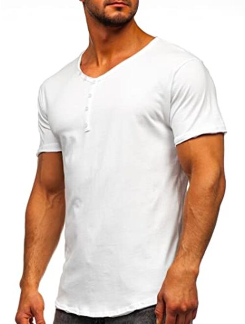 Angbater Mens Fashion Henley Shirts V Neck Short Sleeve Basic Solid T-Shirt Casual Cotton Tee Buttons Closure Curve Hem Shirt