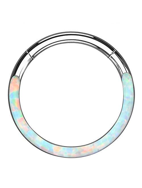 OUFER Synthetic White/Blue Opal Daith Septum Piercing Hoop 316L Stainless Steel Cartilage Helix Lobe Earrings Tragus Conch Piercing Jewelry