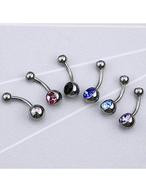 OUFER Body Piercing Grade 23 Solid Titanium No Allergy Double CZ Crystal Belly Button Ring 14Gauge