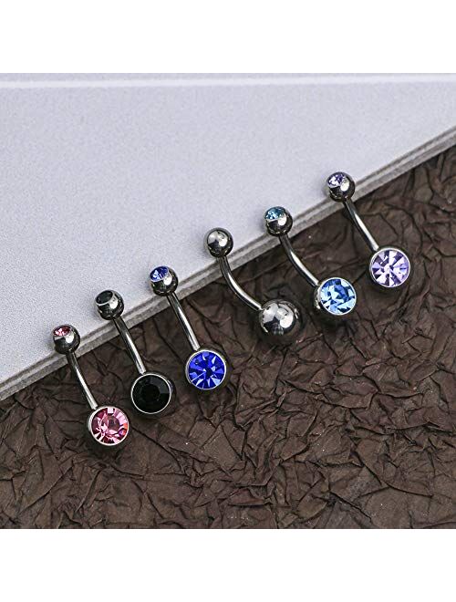 OUFER Body Piercing Grade 23 Solid Titanium No Allergy Double CZ Crystal Belly Button Ring 14Gauge