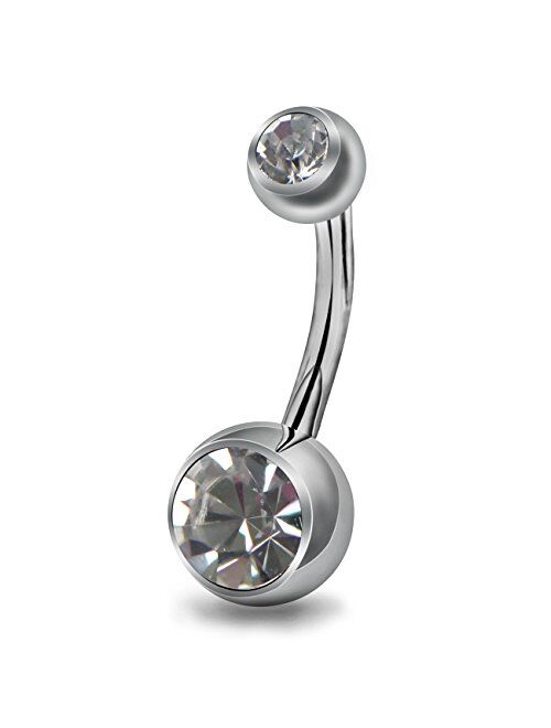 OUFER Body Piercing Grade 23 Solid Titanium No Allergy Double CZ Crystal Belly Button Ring 14Gauge