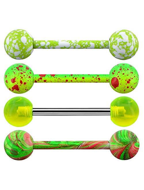 OUFER 4PCS 14G Stainless Steel Tongue Rings Barbell Green Splatter Tongue Piercing