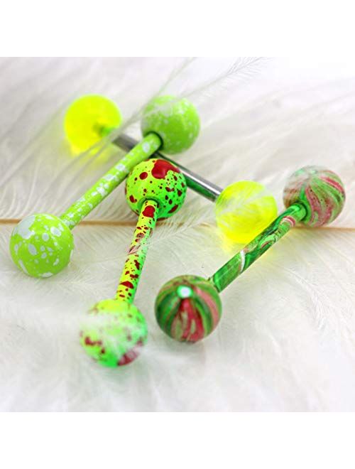 OUFER 4PCS 14G Stainless Steel Tongue Rings Barbell Green Splatter Tongue Piercing