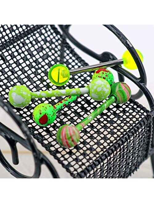 OUFER 4PCS 14G Stainless Steel Tongue Rings Barbell Green Splatter Tongue Piercing