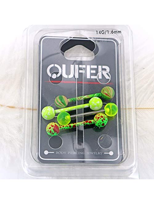 OUFER 4PCS 14G Stainless Steel Tongue Rings Barbell Green Splatter Tongue Piercing