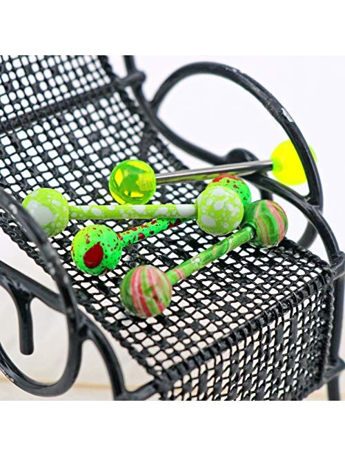 OUFER 4PCS 14G Stainless Steel Tongue Rings Barbell Green Splatter Tongue Piercing