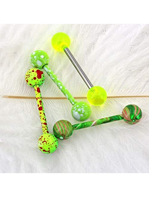 OUFER 4PCS 14G Stainless Steel Tongue Rings Barbell Green Splatter Tongue Piercing