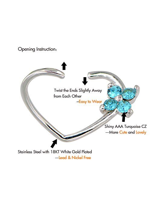 OUFER 16Gauge Flower CZ Heart Left Closure Daith Cartilage Tragus Earrings Body Piercing Jewelry (white teal)