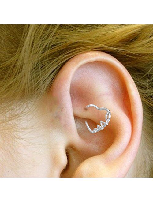 OUFER Body Piercing Jewelry 18K White Gold Plated Heart Shaped Waves Left Closure Daith Cartilag Tragus Helix Earring 16Gauge (white gold)