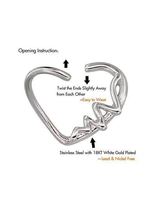 OUFER Body Piercing Jewelry 18K White Gold Plated Heart Shaped Waves Left Closure Daith Cartilag Tragus Helix Earring 16Gauge (white gold)