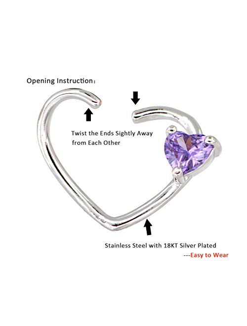 OUFER Body Jewelry 18Kt White Gold Plated Purple Heart CZ Left Closure Daith Cartilage 16 Gauge Heart Tragus Earrings 1pc 1.2mm (White Purple)