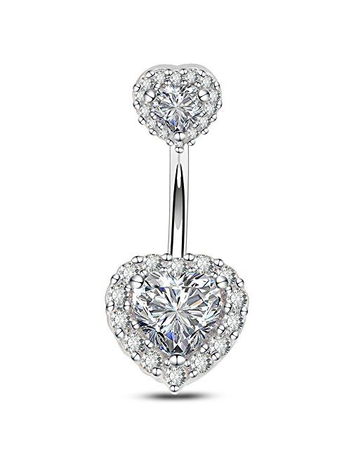 OUFER Surgical Steel Double Heart Cubic Zirconia Navel Rings Belly Button Ring 14G (Silver)