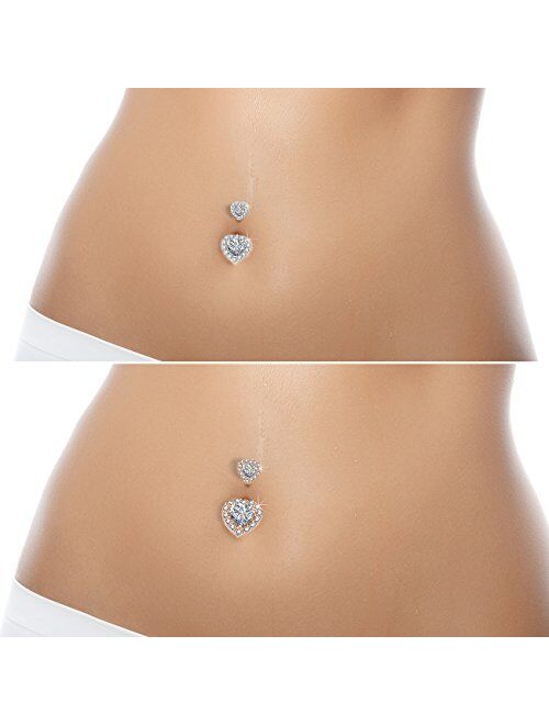 OUFER Surgical Steel Double Heart Cubic Zirconia Navel Rings Belly Button Ring 14G (Silver)