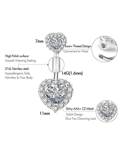 OUFER Surgical Steel Double Heart Cubic Zirconia Navel Rings Belly Button Ring 14G (Silver)