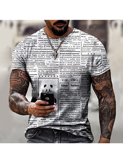 Taamlou Men's Street Short Sleeve Newspaper Design Print Personality Fashion Sports Fitness T-Shir