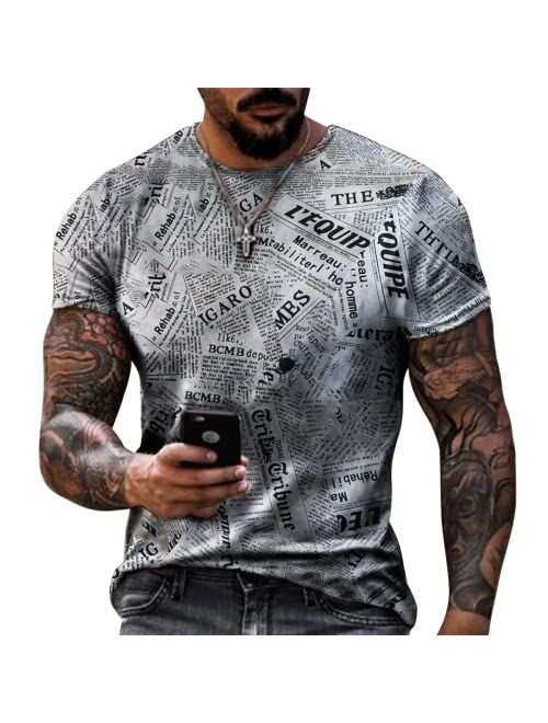 Taamlou Men's Street Short Sleeve Newspaper Design Print Personality Fashion Sports Fitness T-Shir