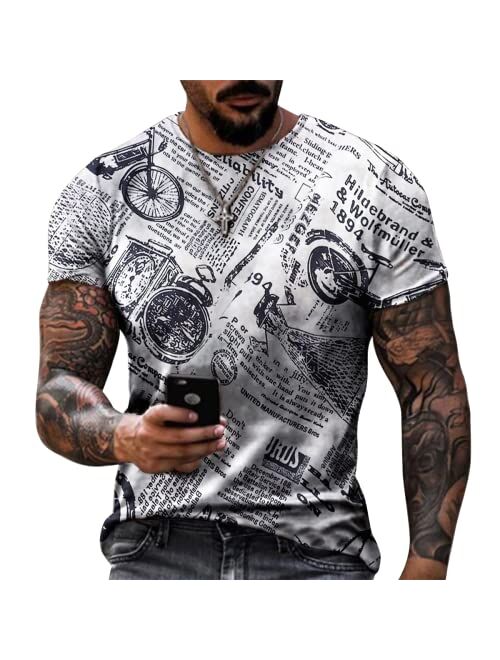 Taamlou Men's Street Short Sleeve Newspaper Design Print Personality Fashion Sports Fitness T-Shir