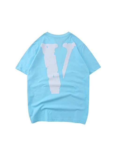 SKTWO Big V T-Shirt V Letter Print Tee Shirt for Men and Women Cotton Short Sleeve Shirt