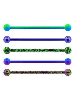 14G 5 PCS Surgical Steel Industrial Barbell Green Purple Blue Splatter Industrial Piercing for Women Men Cartilage Earrings 38mm Body Jewelry Piercing