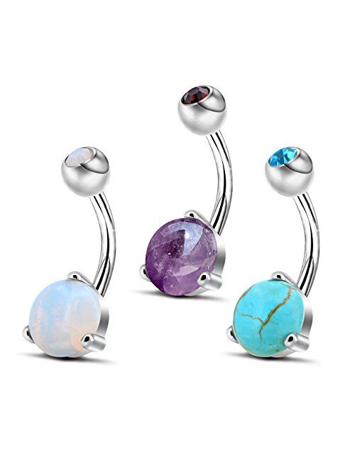 OUFER 3PCS Stone Belly Button Ring 316L Surgical Steel Curved Navel Barbell Body Piercing 14G (1.6mm)