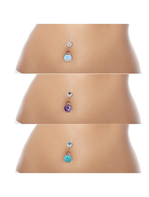 OUFER 3PCS Stone Belly Button Ring 316L Surgical Steel Curved Navel Barbell Body Piercing 14G (1.6mm)