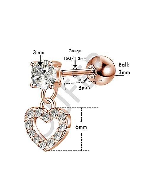 OUFER 16G 316L Stainless Steel Cartilage Earring Stud Heart Shape Dangle Helix Earrings Body Ear Piercing