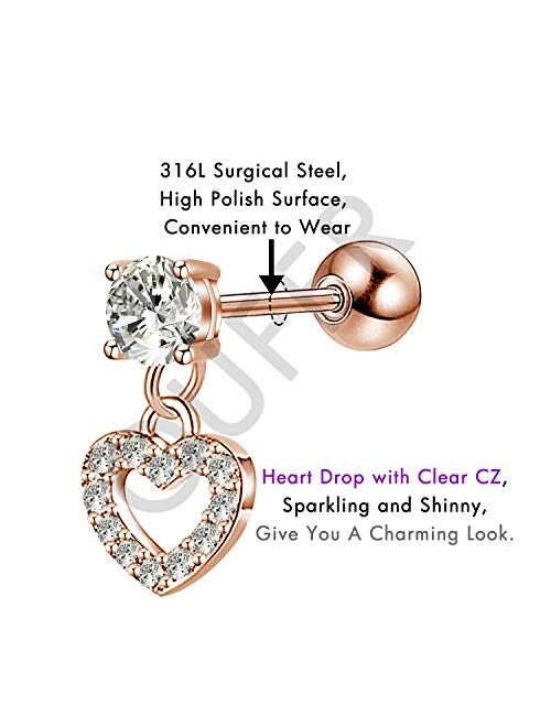 OUFER 16G 316L Stainless Steel Cartilage Earring Stud Heart Shape Dangle Helix Earrings Body Ear Piercing