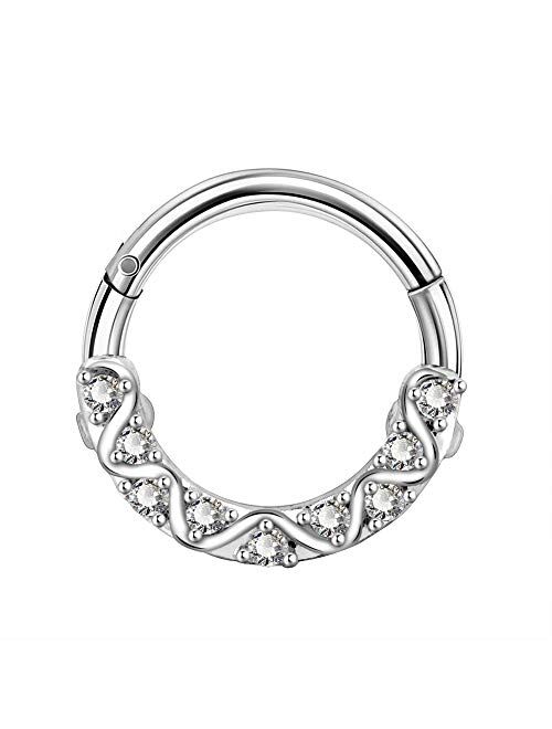 OUFER 16G 316L Surgical Steel Hinged Segment Rings CZ Wave Line Daith Earrings Hoop Septum Jewelry for Women