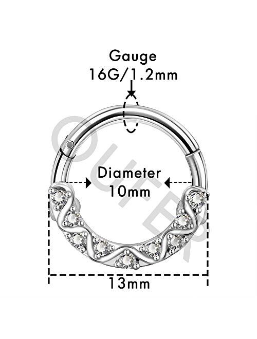 OUFER 16G 316L Surgical Steel Hinged Segment Rings CZ Wave Line Daith Earrings Hoop Septum Jewelry for Women