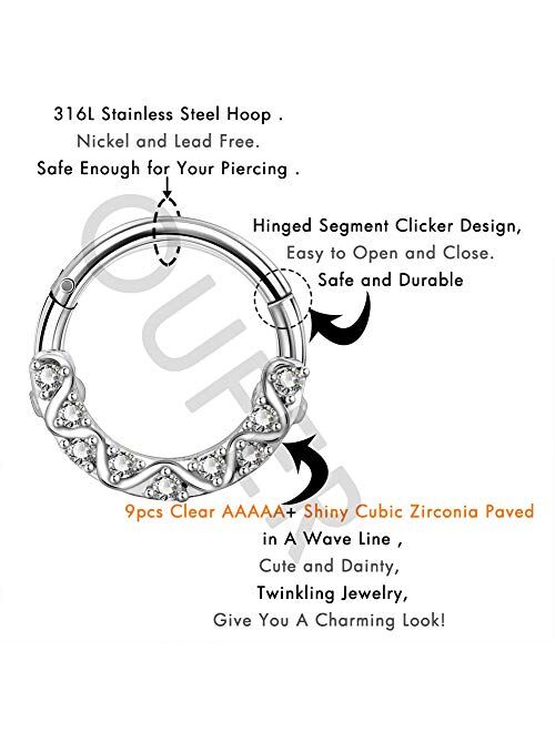 OUFER 16G 316L Surgical Steel Hinged Segment Rings CZ Wave Line Daith Earrings Hoop Septum Jewelry for Women