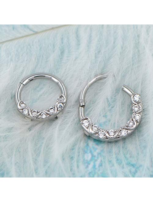 OUFER 16G 316L Surgical Steel Hinged Segment Rings CZ Wave Line Daith Earrings Hoop Septum Jewelry for Women