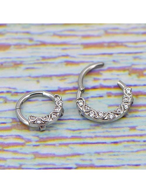 OUFER 16G 316L Surgical Steel Hinged Segment Rings CZ Wave Line Daith Earrings Hoop Septum Jewelry for Women