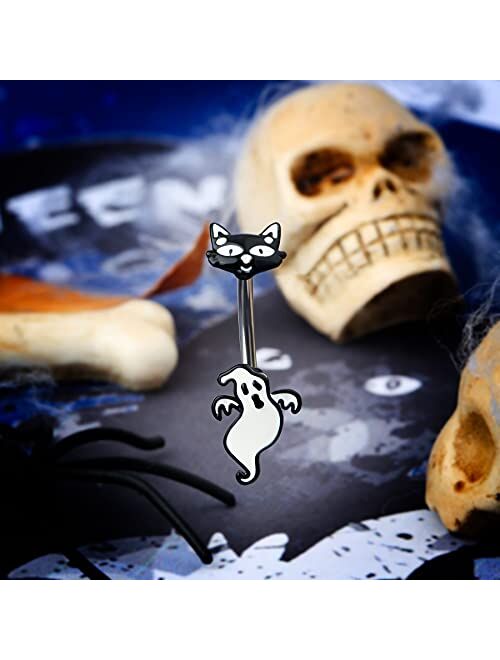 OUFER 14G Halloween Navel Rings Ghost Black Cat 316L Surgical Steel Belly Button Rings Navel Piercing Unisex Jewelry Gifts