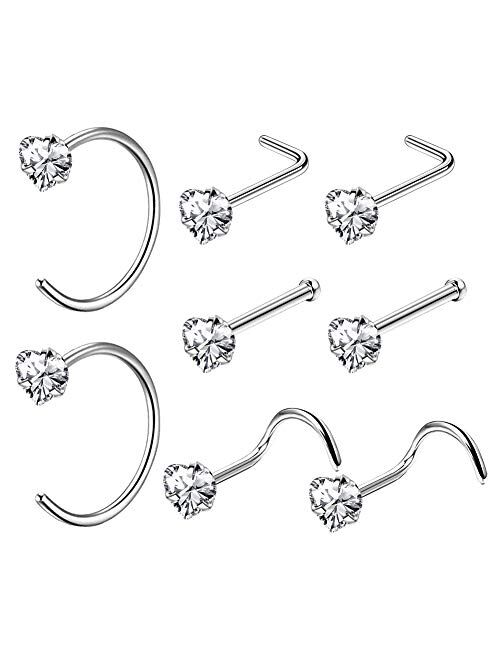 OUFER Nose Ring Hoop 8PCS 20G Nose Ring 316L Stainless Steel Clear CZ Nose Studs Screw L-Shaped Nose Piercing Jewelry Set