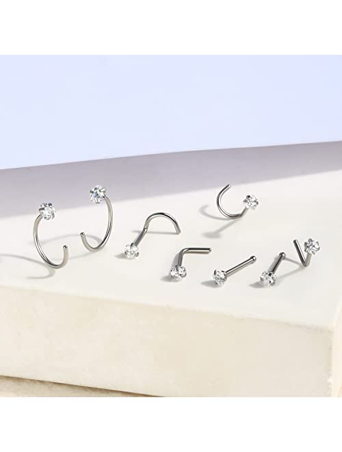 OUFER Nose Ring Hoop 8PCS 20G Nose Ring 316L Stainless Steel Clear CZ Nose Studs Screw L-Shaped Nose Piercing Jewelry Set