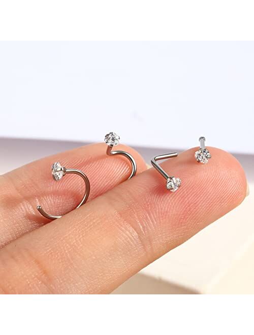 OUFER Nose Ring Hoop 8PCS 20G Nose Ring 316L Stainless Steel Clear CZ Nose Studs Screw L-Shaped Nose Piercing Jewelry Set